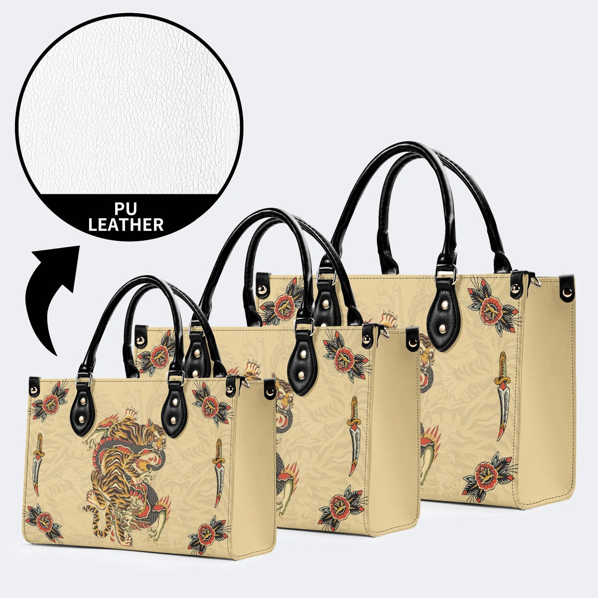 Traditional Tiger and Dragon Print - Leather Handbag