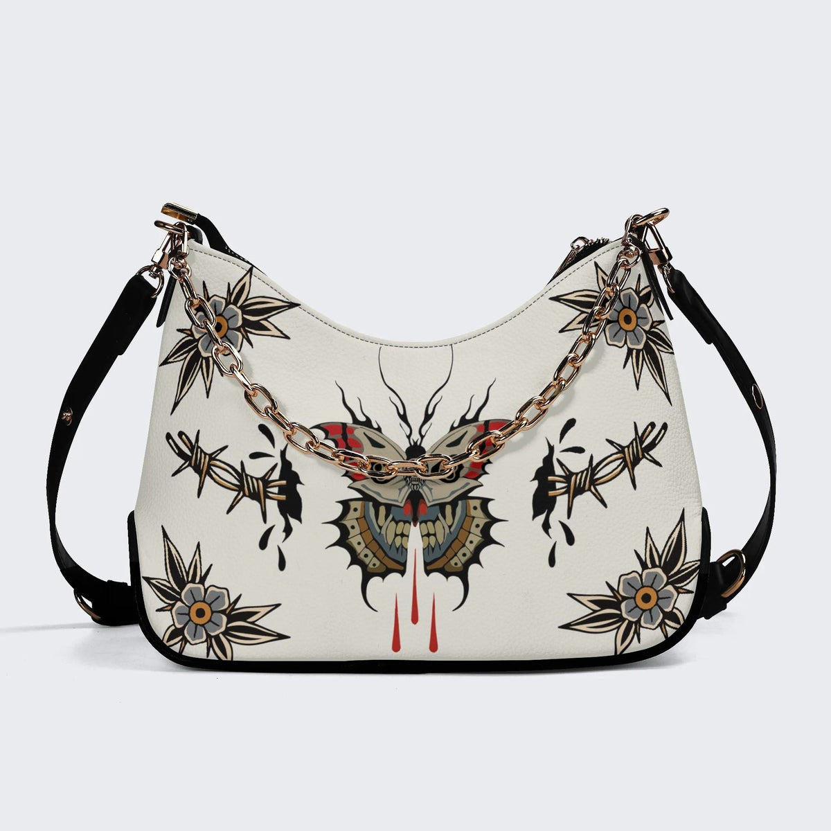 Death Moth And Flowers Print - Leather Crossbody Bag