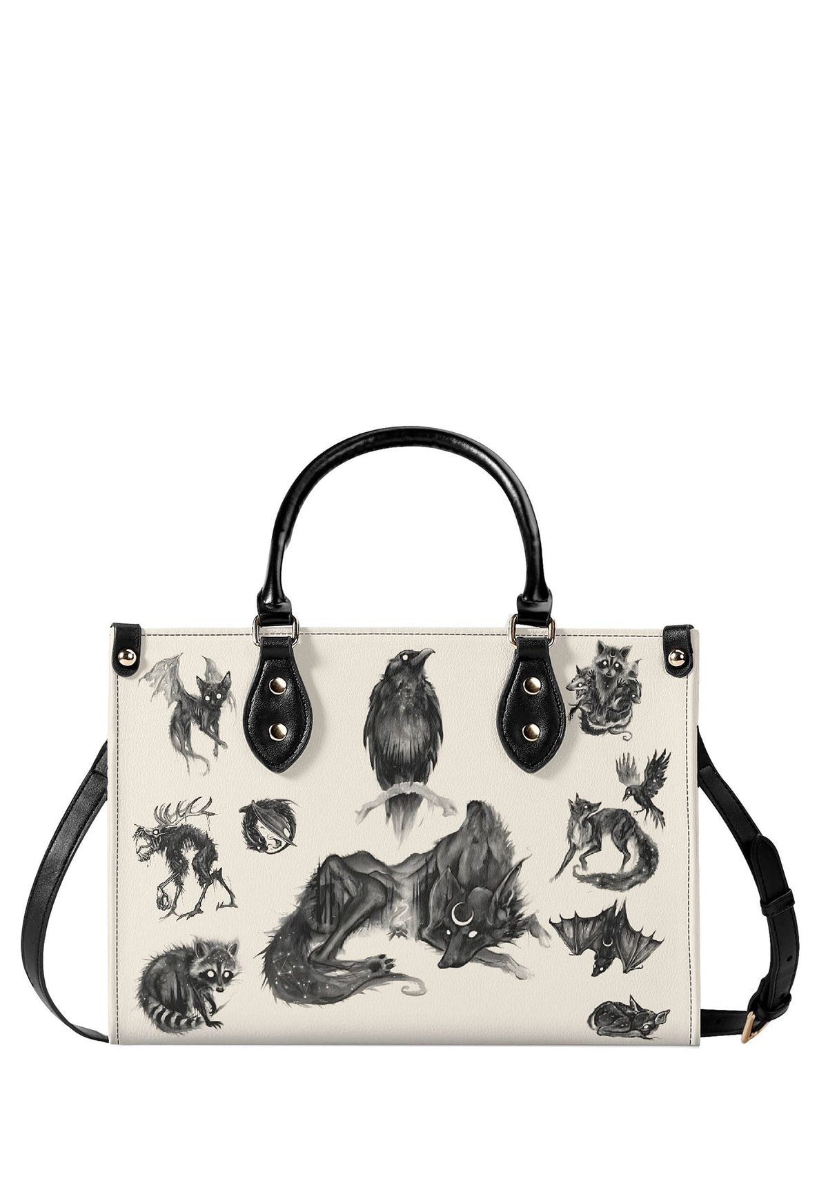 Black gothic handbag with illustrated forest creatures