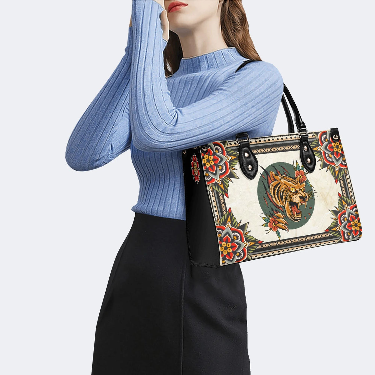 Tiger And Tiger Paw Print - Leather Handbag