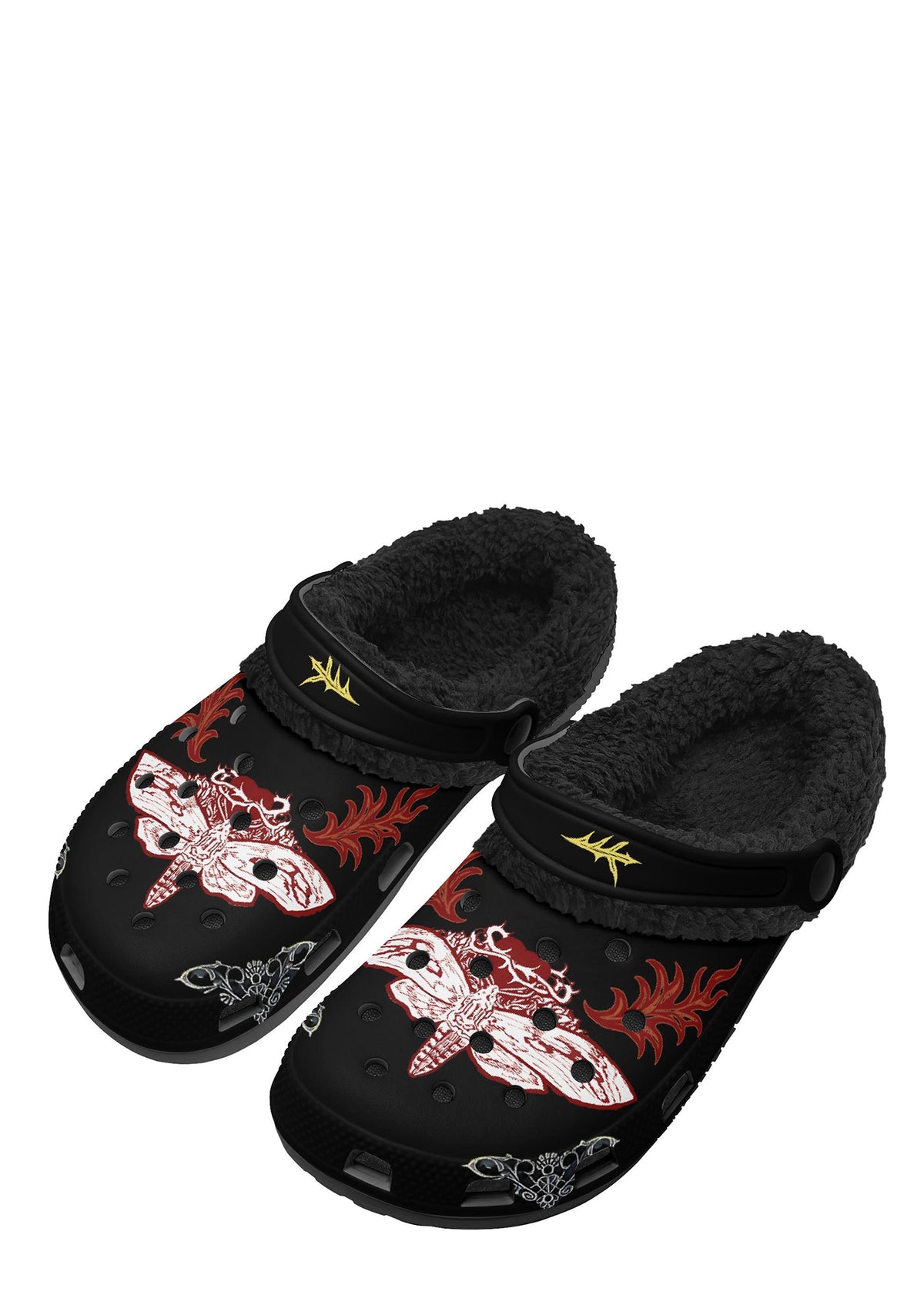 Cursed Moth slippers – front view of black clogs with occult moth design