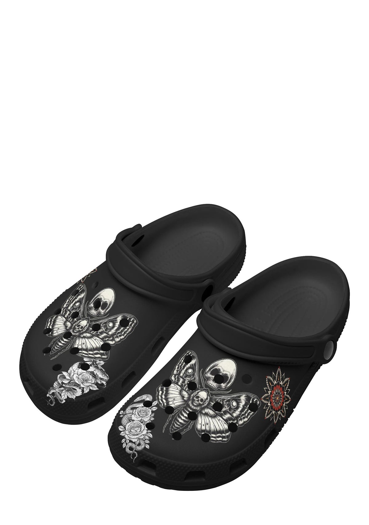 Angled perspective showing tattoo-inspired death moths and snake motifs on slippers