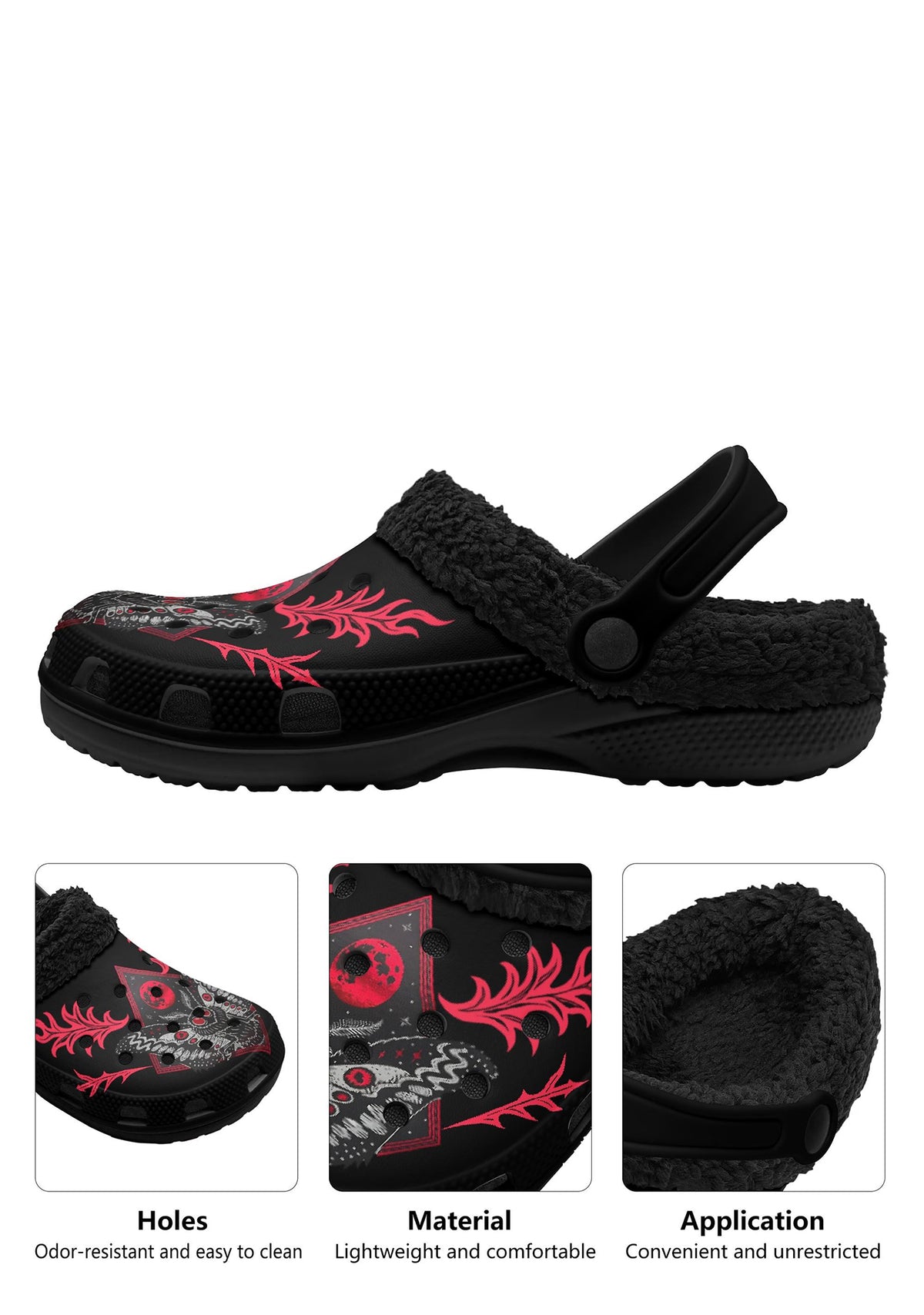 Close-up of occult moth and red moon print on black slippers