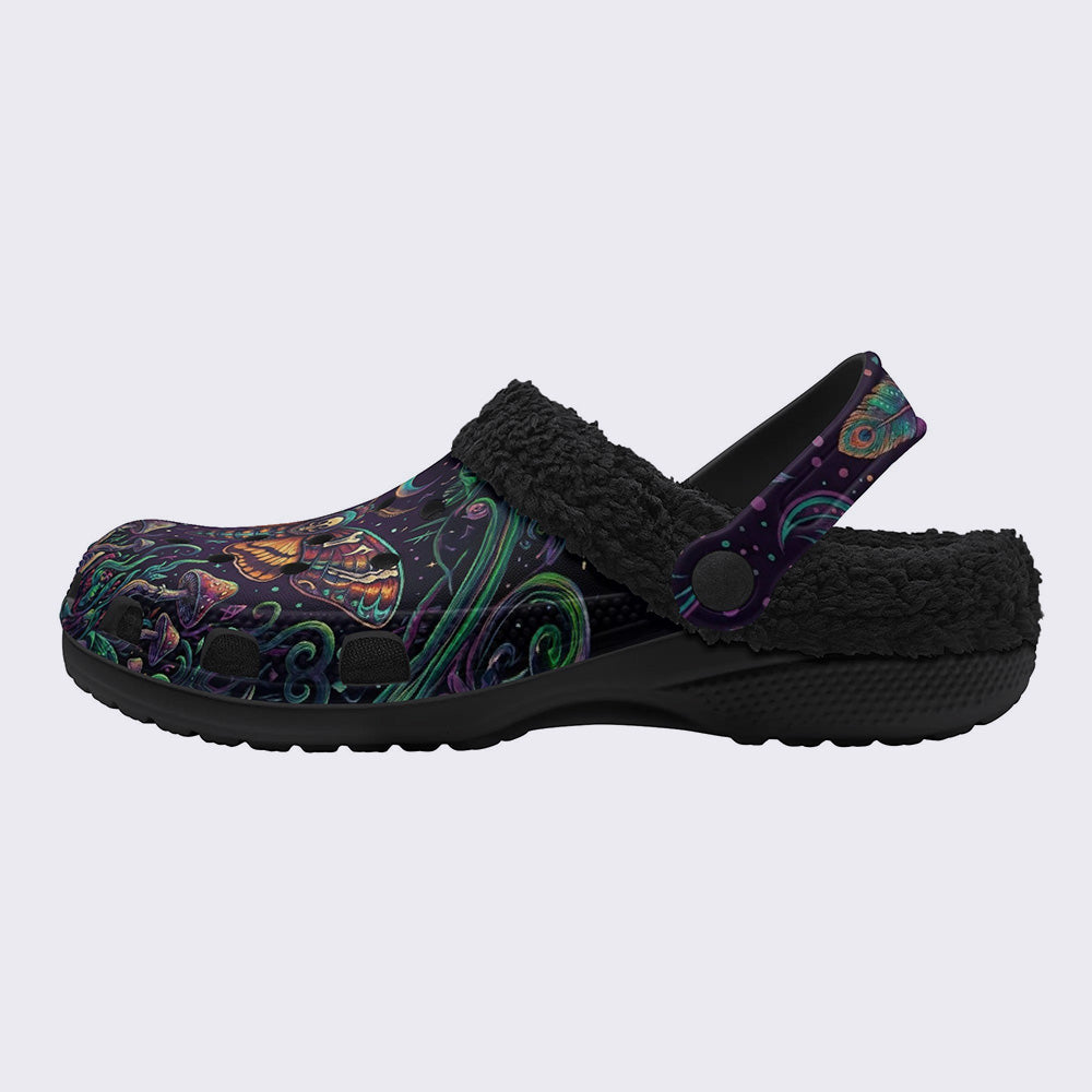 Mushroom Forest Death Moth Print Fleece-Lined Clogs