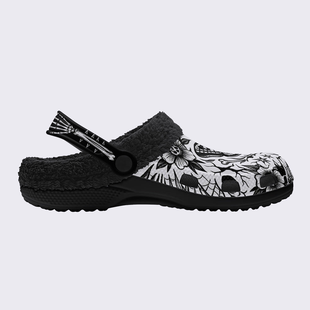 Death Moth & Skull Flower Print Fleece-Lined Clogs