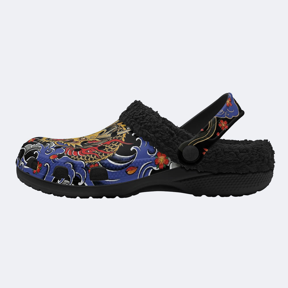 Irezumi Flying Golden Dragon Print Fleece-Lined Clogs