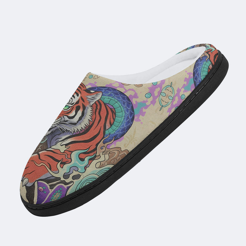 Azure Serpent and Tiger Soul Print Fleece-Lined Slippers