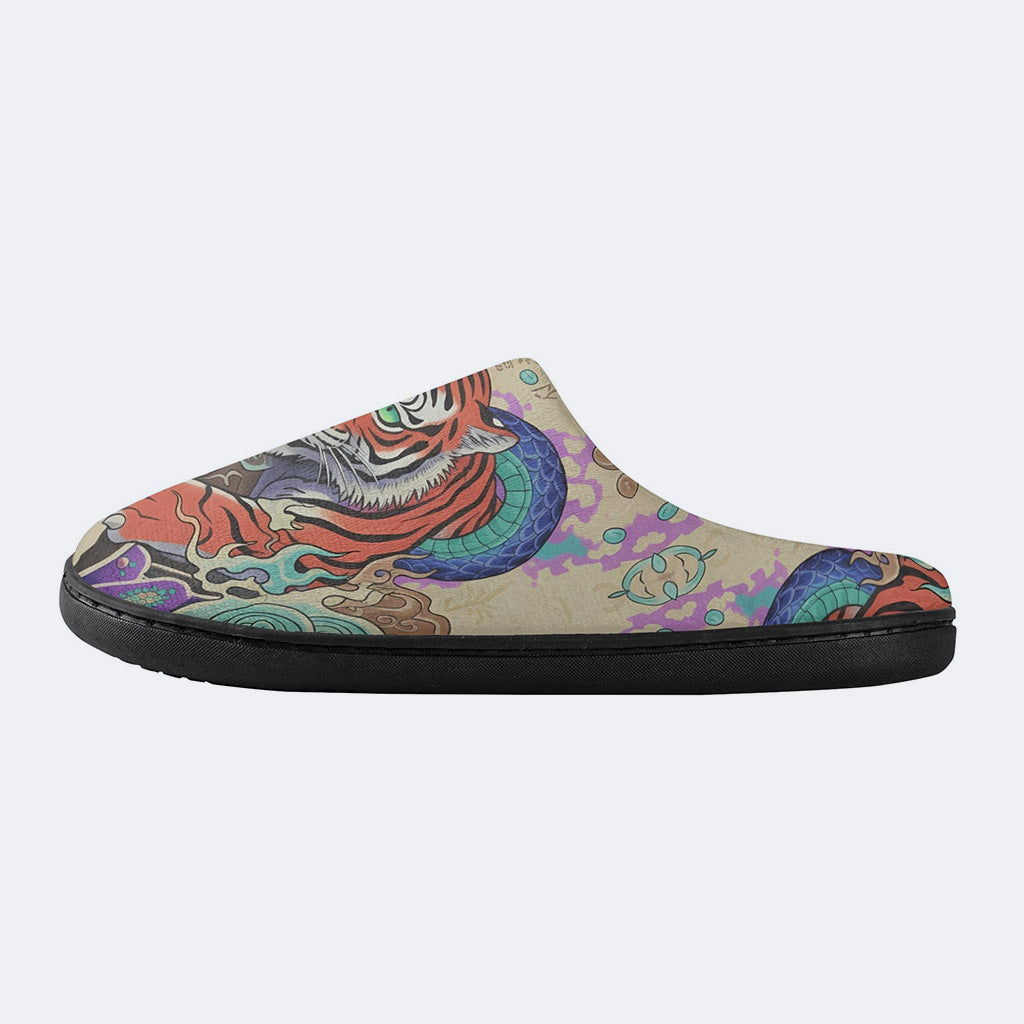 Azure Serpent and Tiger Soul Print Fleece-Lined Slippers
