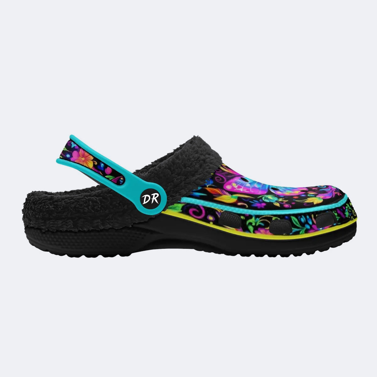 Hyper-Fluorescent psychedelic Butterfly Wreath Print Fleece-Lined Clogs