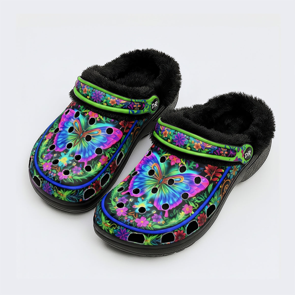 Hyper-Fluorescent psychedelic Butterfly Wreath Print Fleece-Lined Clogs