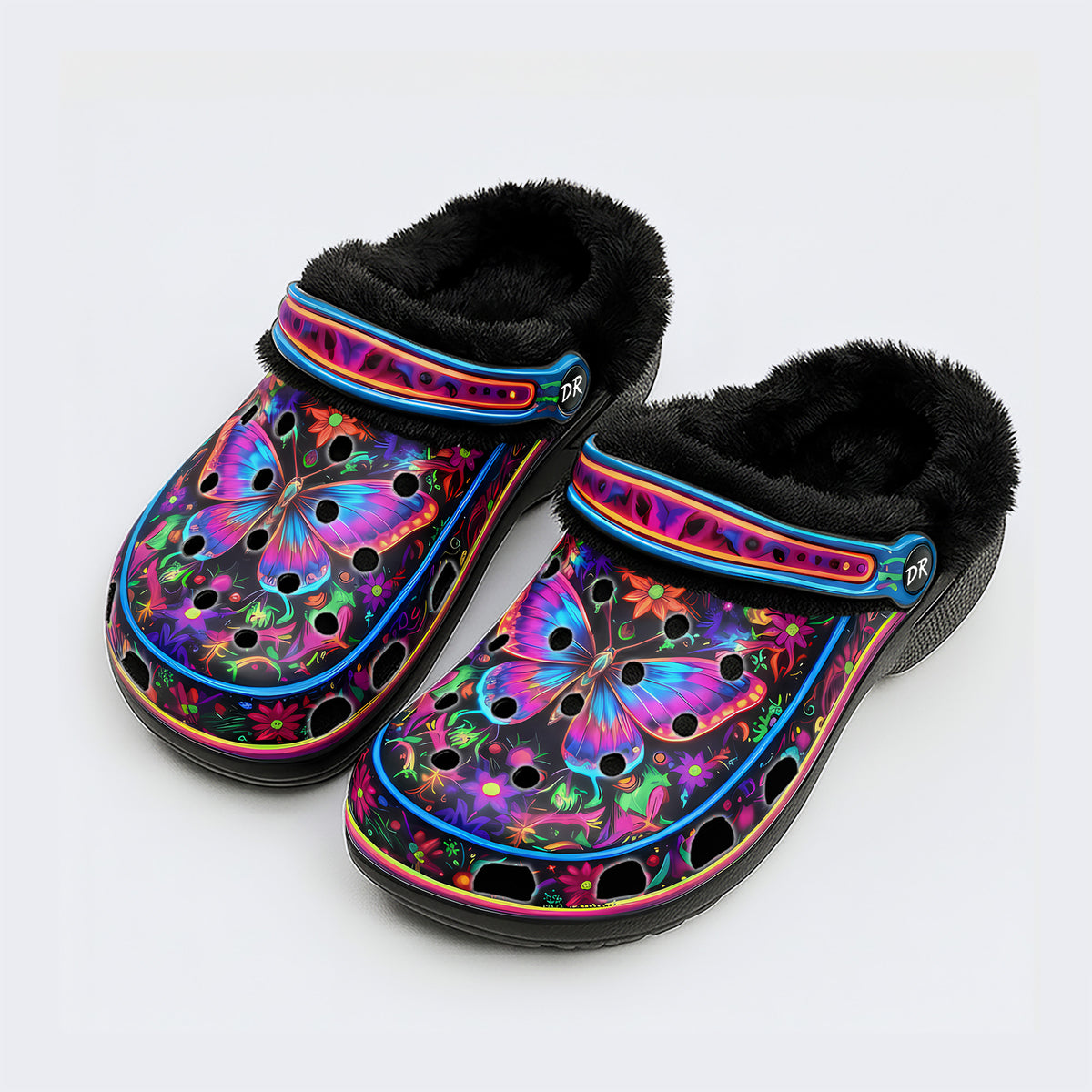Hyper-Fluorescent psychedelic Butterfly Wreath Print Fleece-Lined Clogs