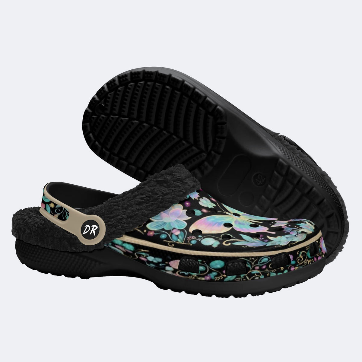Iridescent Psychedelic Butterfly Wreath Print Fleece-Lined Clogs