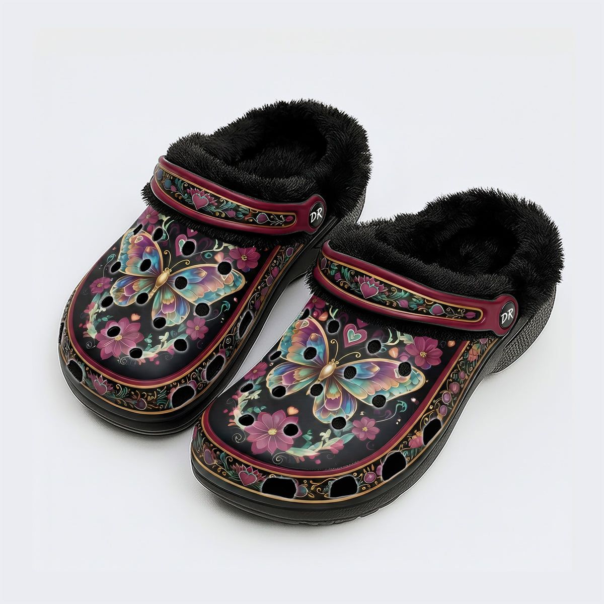Romantic Psychedelic Butterfly Wreath Print Fleece-Lined Clogs
