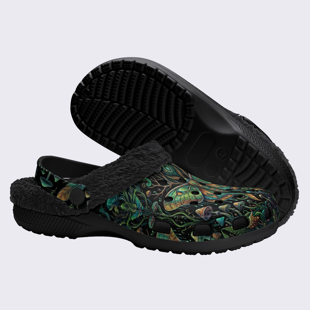 Forest Mystery Moth Print Fleece-Lined Clogs