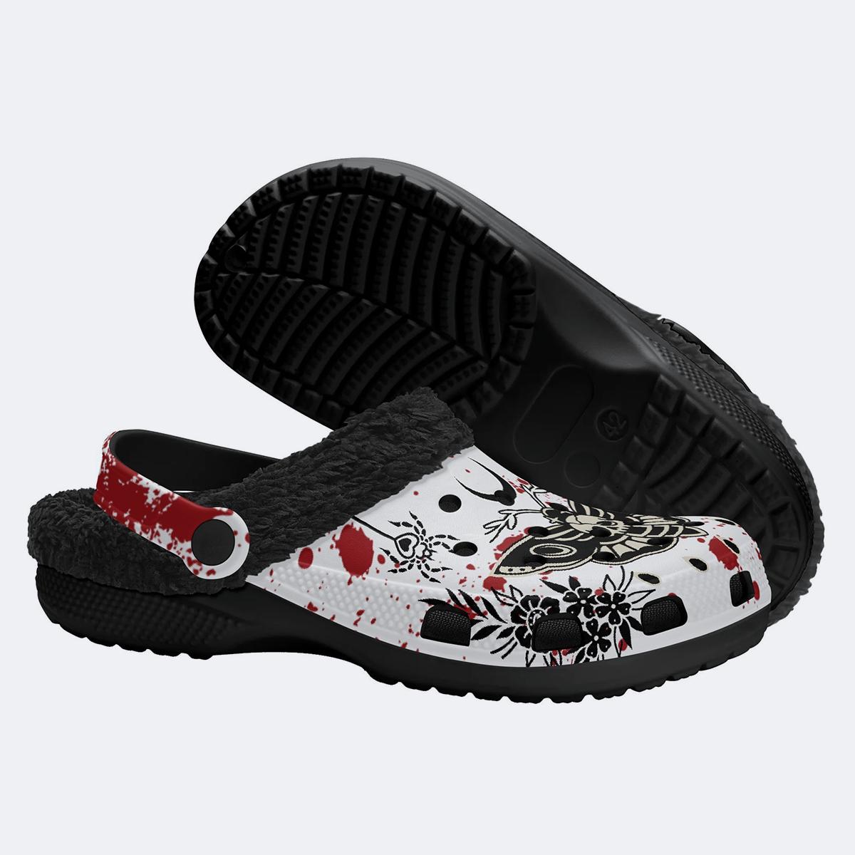 Death Moth Retro Print - Fur Lined Slippers/Sandals