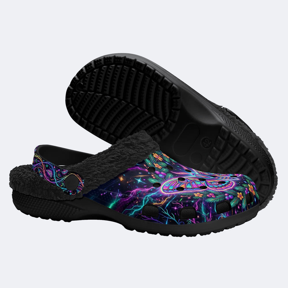 Neon Psychedelic Moth Print Fleece-Lined Clogs