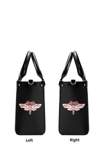 Left and right side views of the handbag with small moth design on both sides