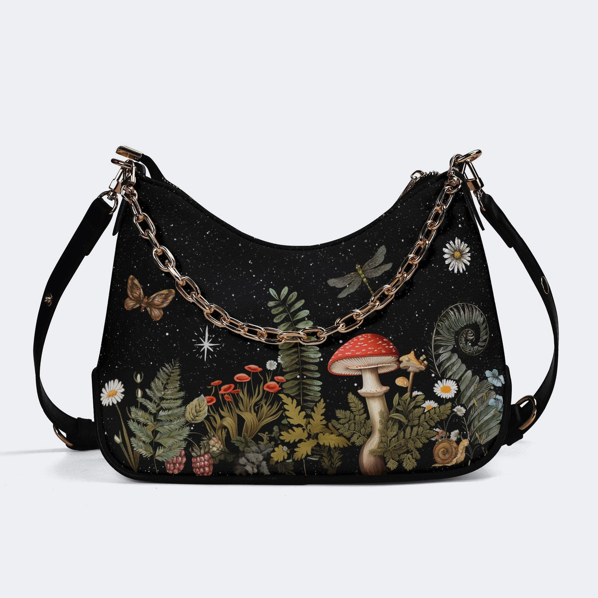 Starry Night Mushroom Moth Print - Leather Crossbody Bag