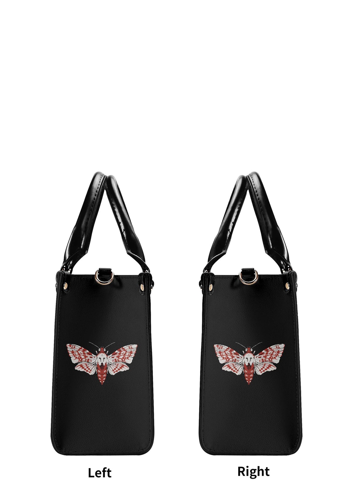 Left and right views of the gothic moth handbag with symmetrical venom moth prints