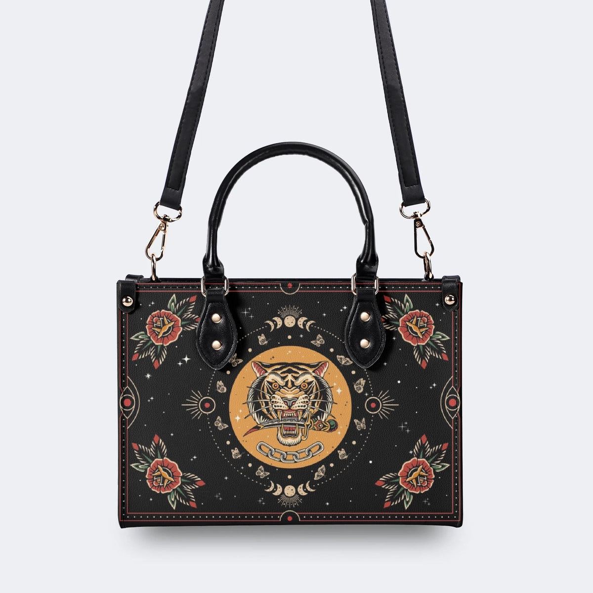 Vintage Tiger And Moth Print - Leather Handbag