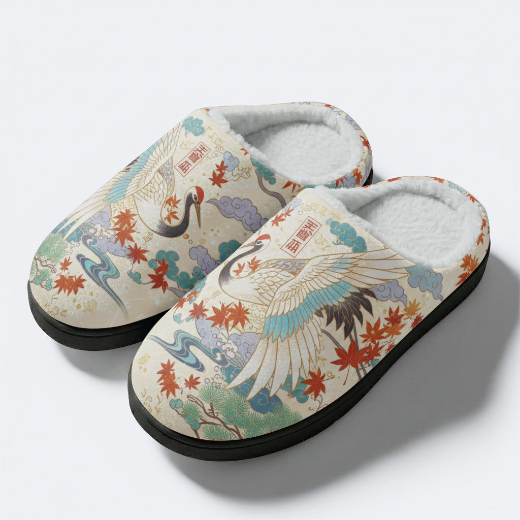 Evergreen Crane Print Fleece-Lined Slippers