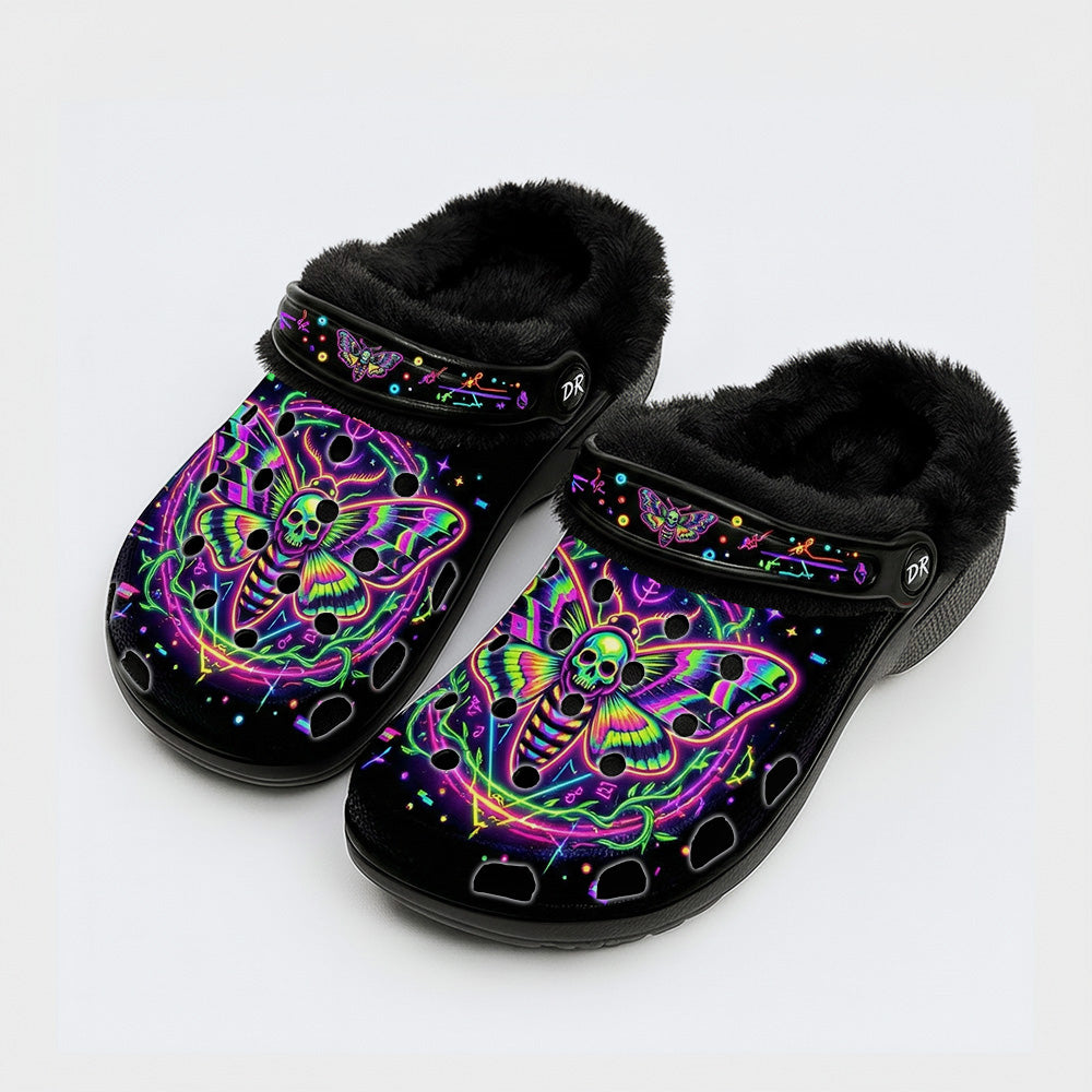 Neon Psychedelic Death Moth Print Fleece-Lined Clogs
