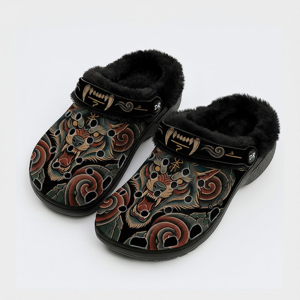 Irezumi Ôkami" (Demon Wolf) & Blood Mist Cyclones & Black Raging Wind Print Fleece-Lined Clogs