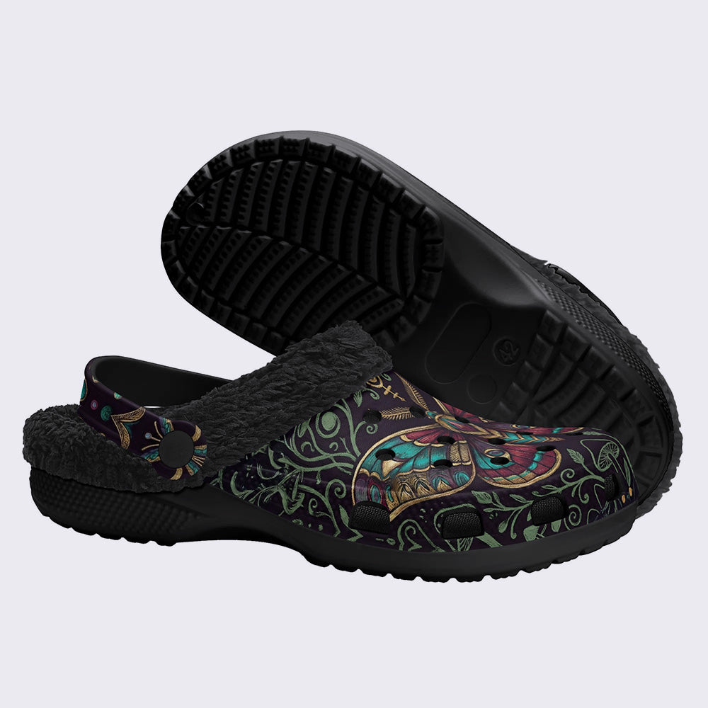 Moth Totem Print Fleece-Lined Clogs