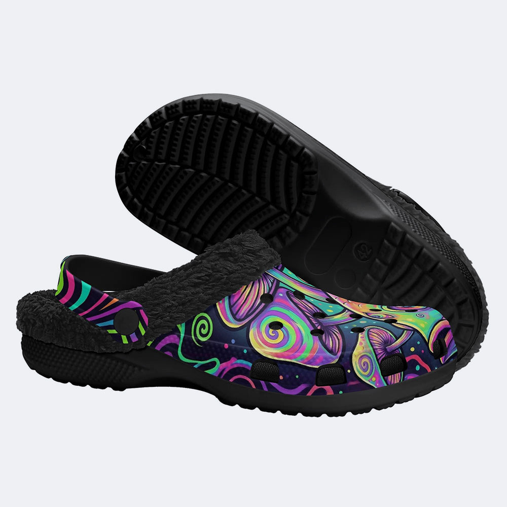 Psychedelic Neon Mushroom Fish Print Fleece-Lined Clogs