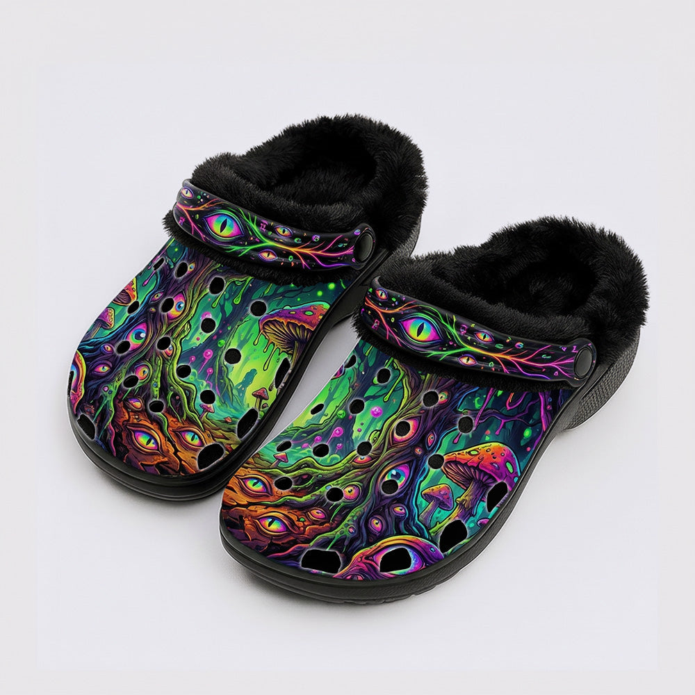 Psychedelic Mushroom Forest Print Fleece-Lined Clogs
