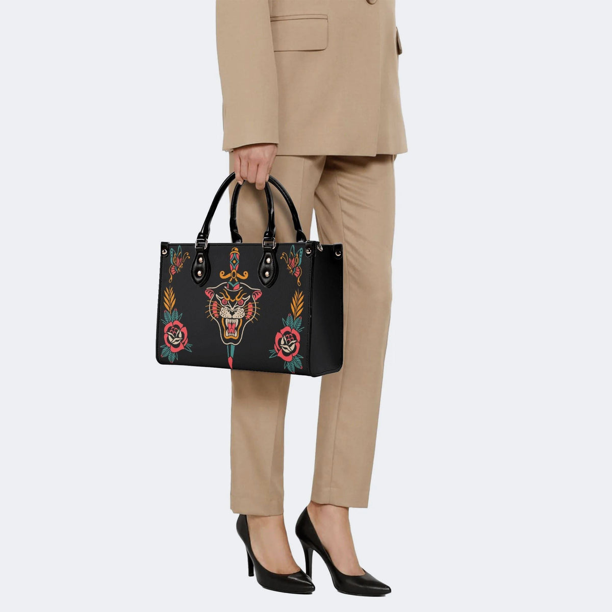 Unisex Tiger Print - Leather Handbag