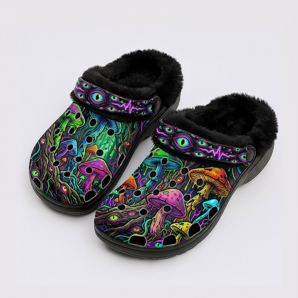 Psychedelic Mushroom Forest Eyes Print Fleece-Lined Clogs