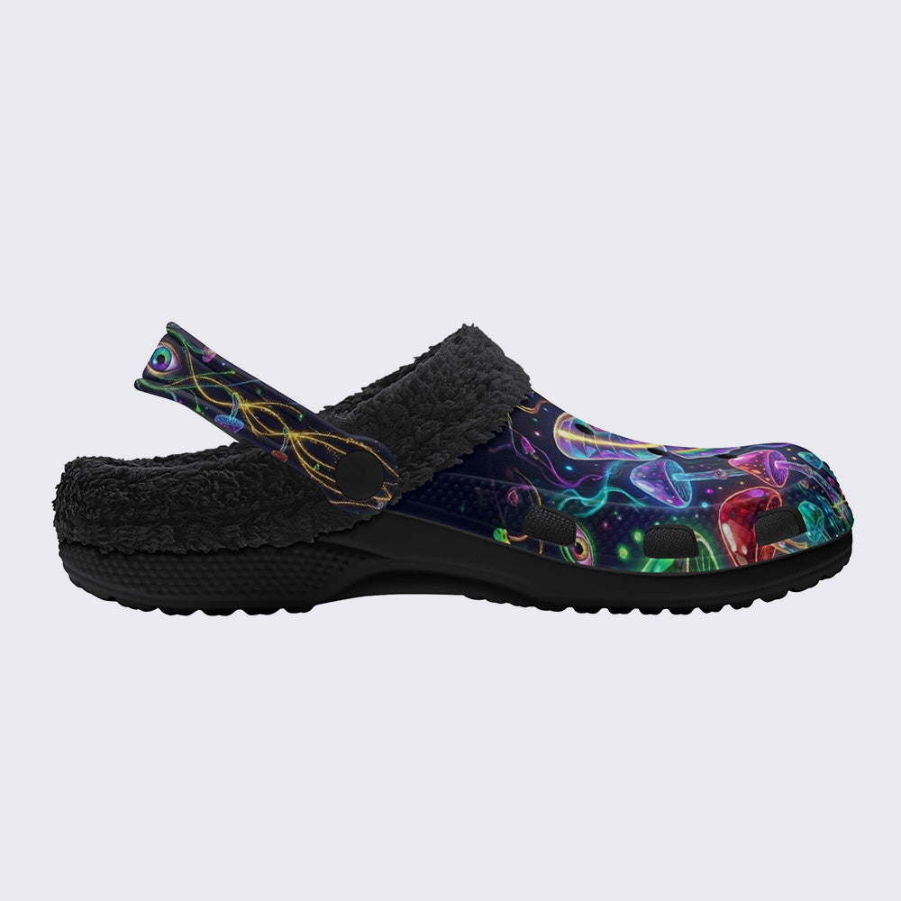 Psychedelic Mushroom Forest Moth Print Fleece-Lined Clogs