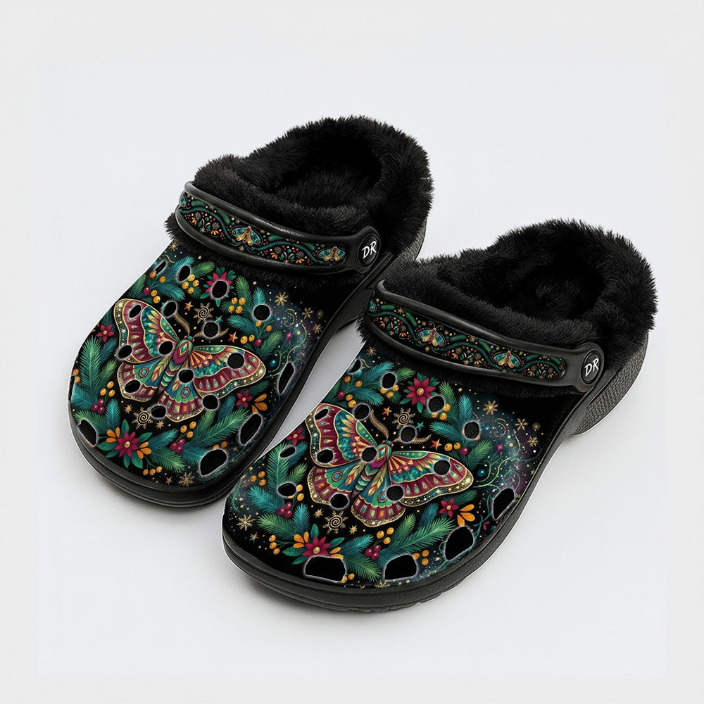 Pine Branch Moth Print Fleece-Lined Clogs