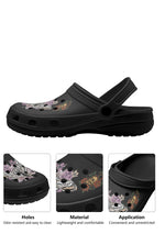 Close-up details of death moth print, floral tattoo accents, and lightweight black gothic slippers