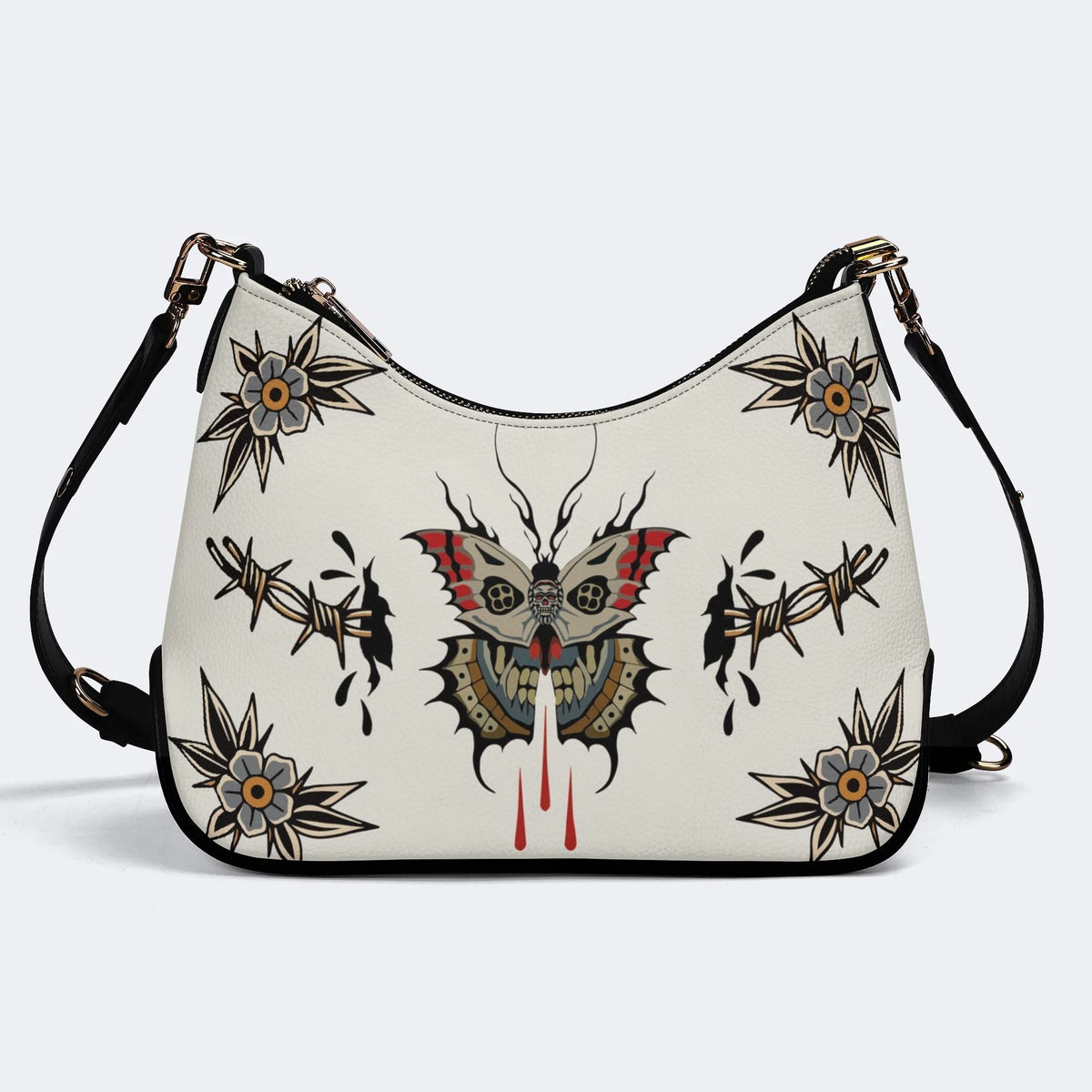 Death Moth And Flowers Print - Leather Crossbody Bag