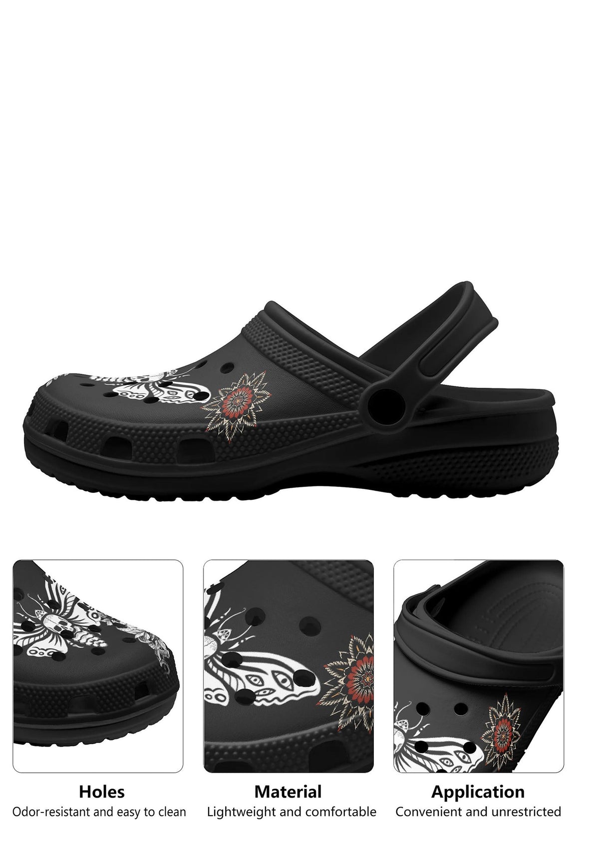 Close-up collage highlighting death moth print, mandala motif, and strap details on black tattoo slip-ons