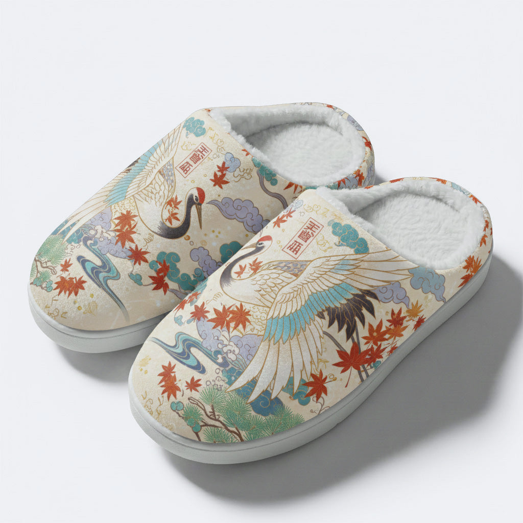 Evergreen Crane Print Fleece-Lined Slippers