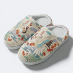 Evergreen Crane Print Fleece-Lined Slippers