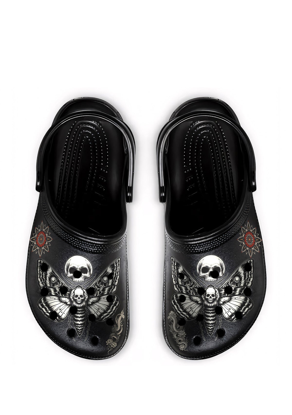 Top view of Requiem Moth Skull Slippers in black with gothic tattoo moth and skull design