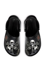 Top view of Requiem Moth Skull Slippers in black with gothic tattoo moth and skull design