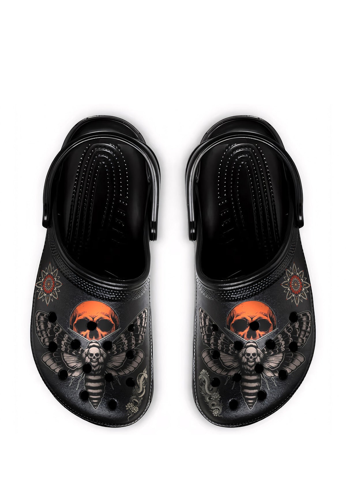 Black gothic slippers featuring a death moth and orange skull eclipse with vintage tattoo flowers