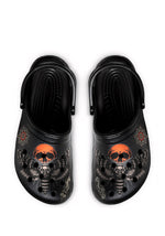 Black gothic slippers featuring a death moth and orange skull eclipse with vintage tattoo flowers