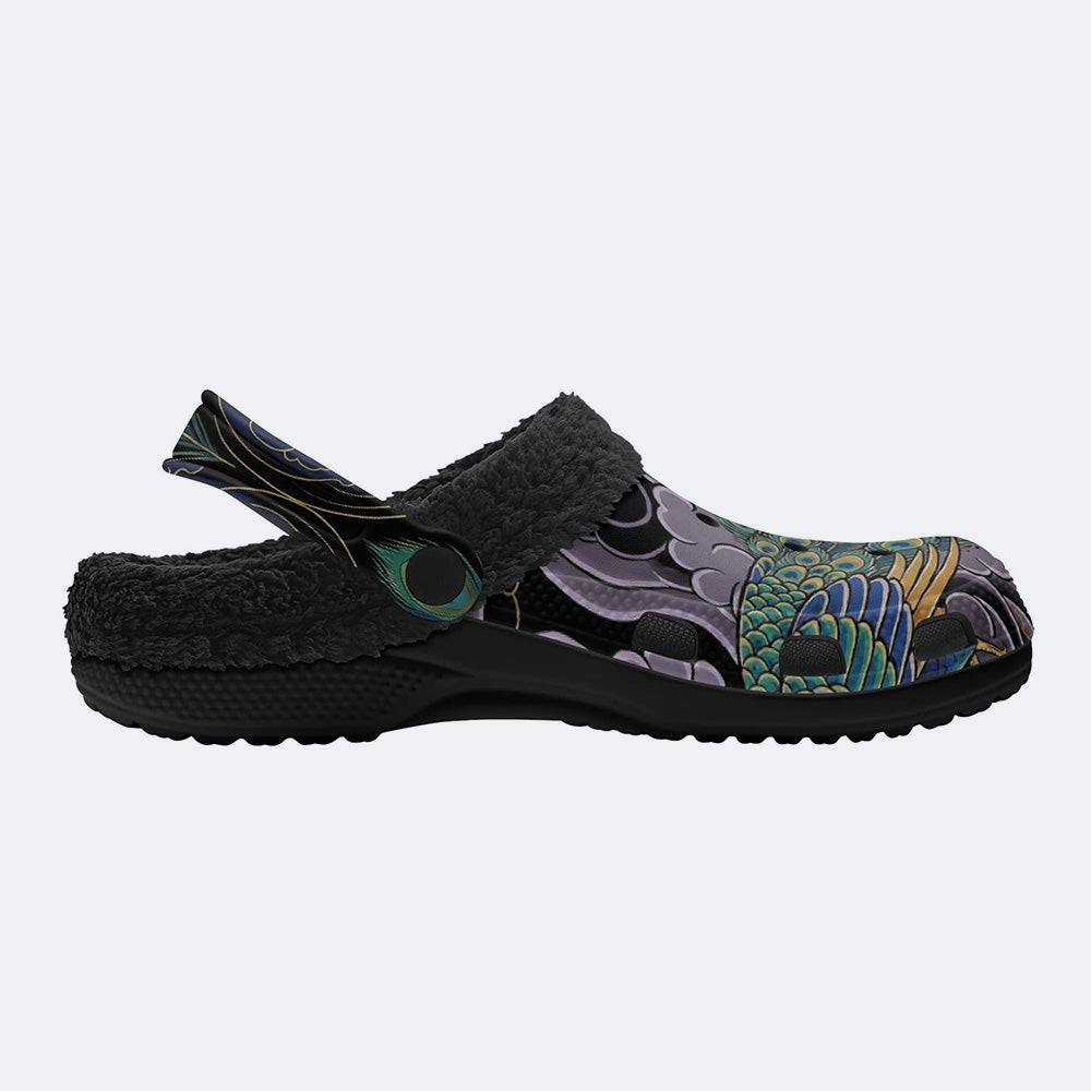 Irezumi Peacock in the Clouds Print Fleece-Lined Clogs