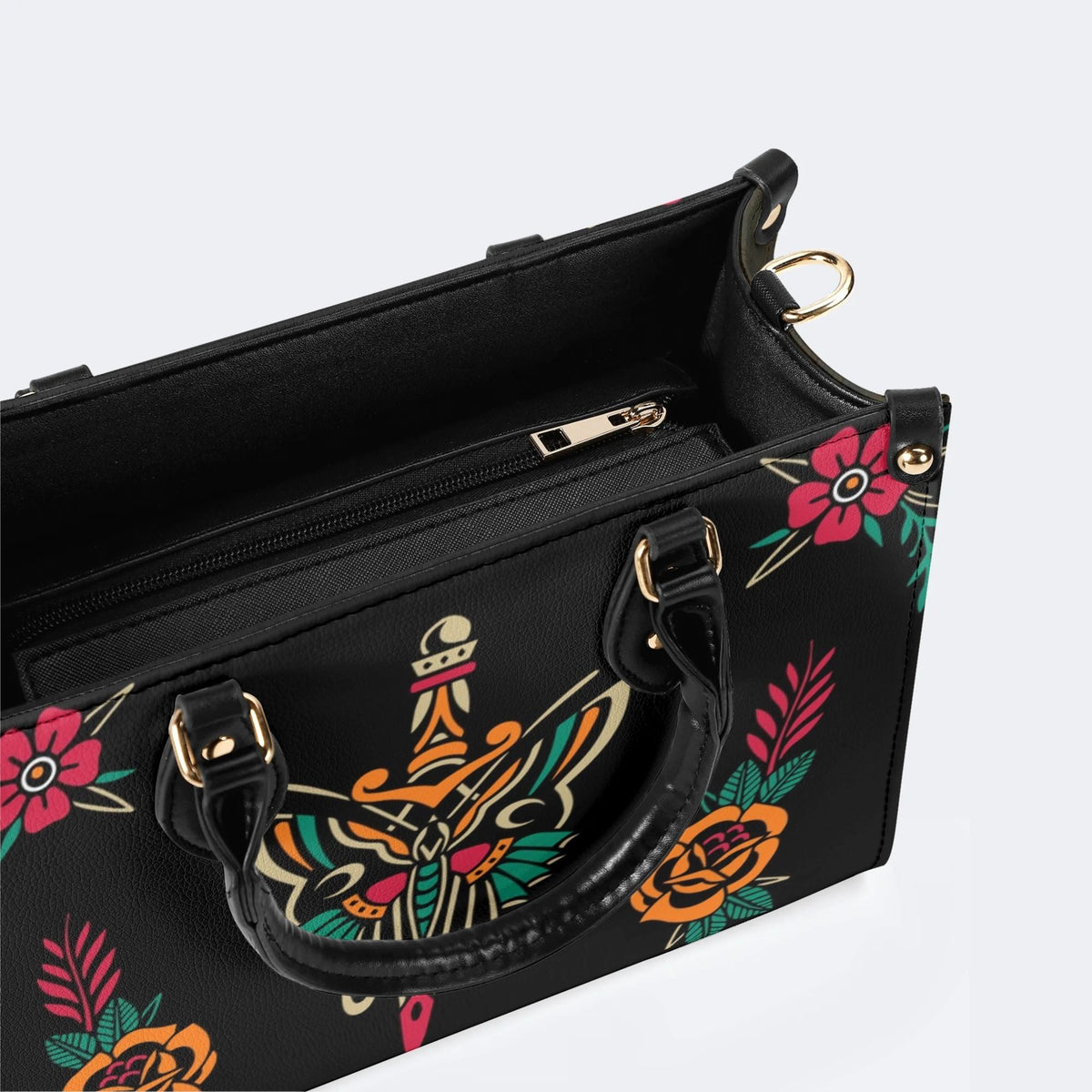 Sword And Moth Print - Leather Handbag