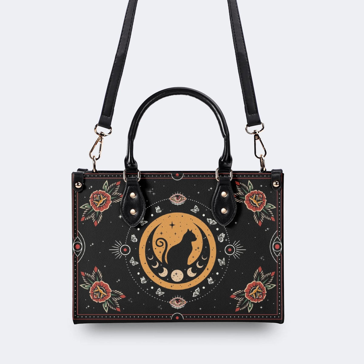 Vintage Cat And Moon Print - Leather Handbag