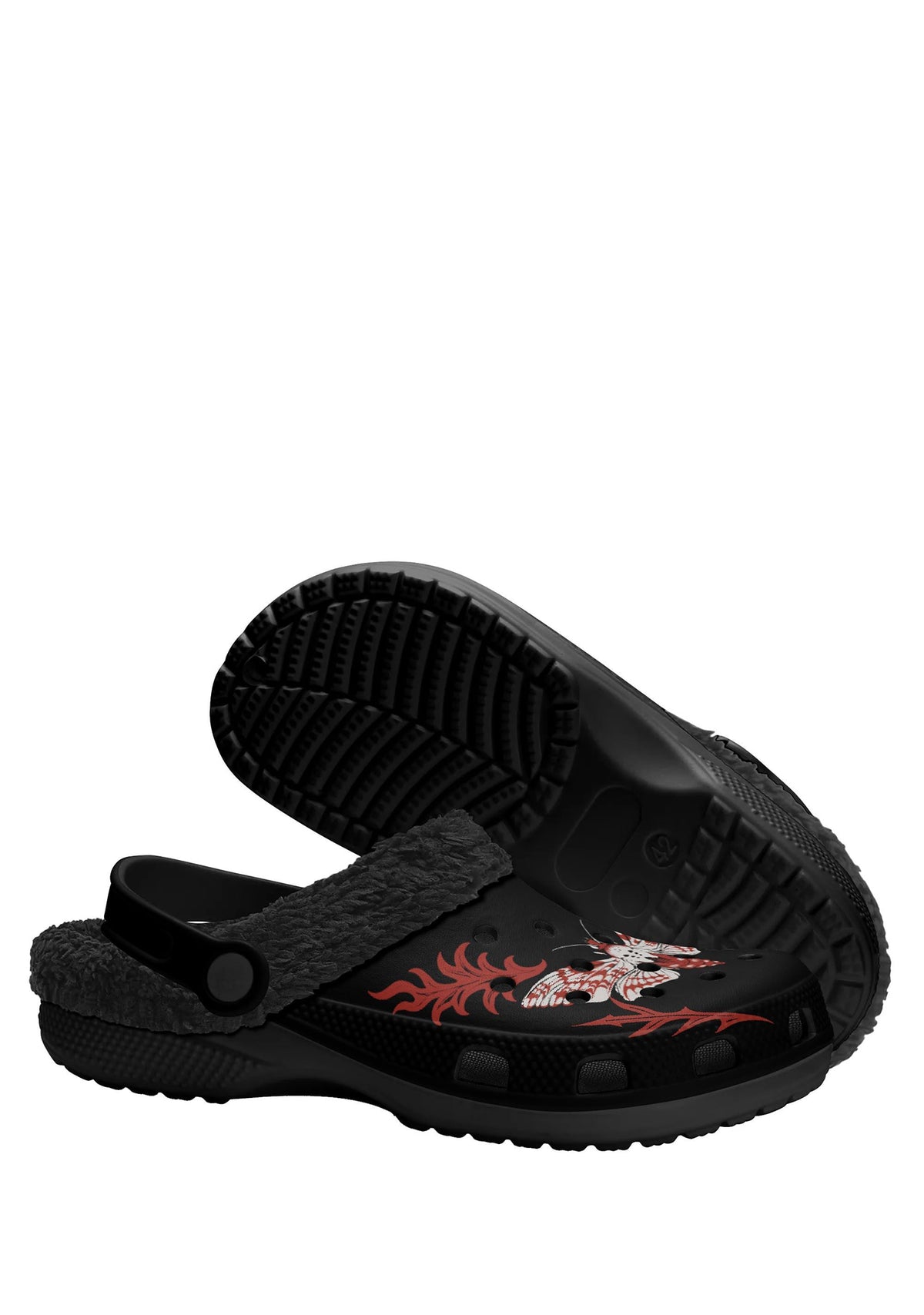 Sole view of comfy gothic clogs with black tread
