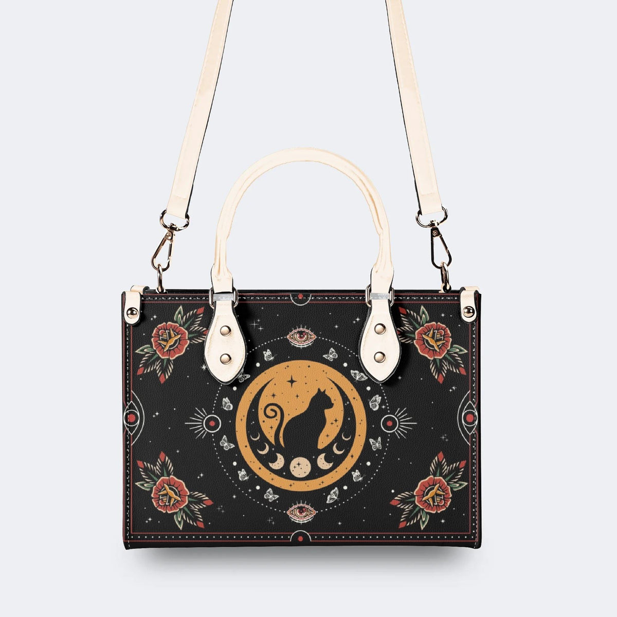 Vintage Cat And Moon Print - Leather Handbag