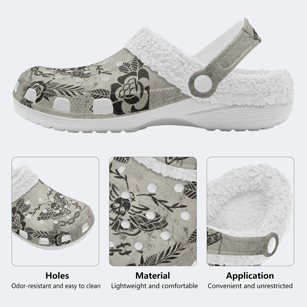 Retro Moth Print - Fur Lined Slippers/Sandals