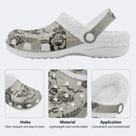 Retro Moth Print - Fur Lined Slippers/Sandals